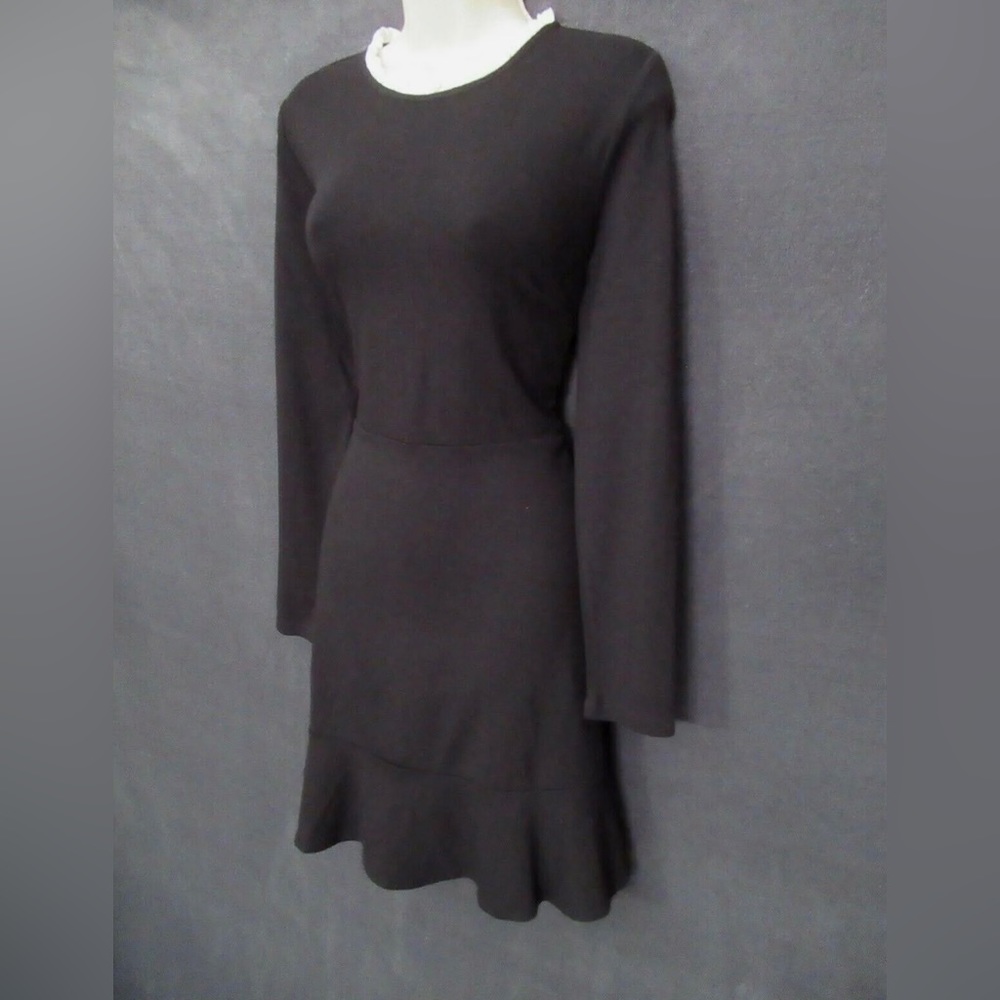 LOFT Black Long Sleeve Flare Dress With White Ruffle Neckline
